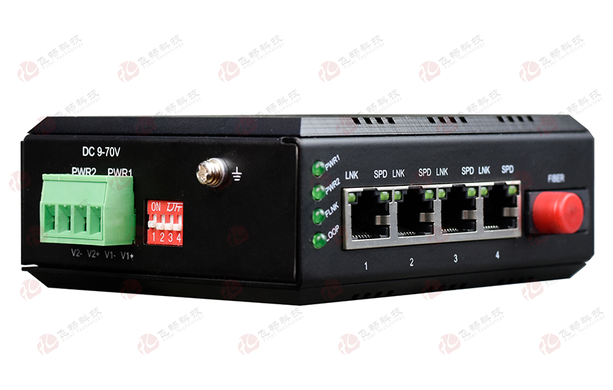 飛暢科技-mini工業(yè)軌式 4路百兆(物理隔離，總帶寬100M)轉(zhuǎn)1路百兆光