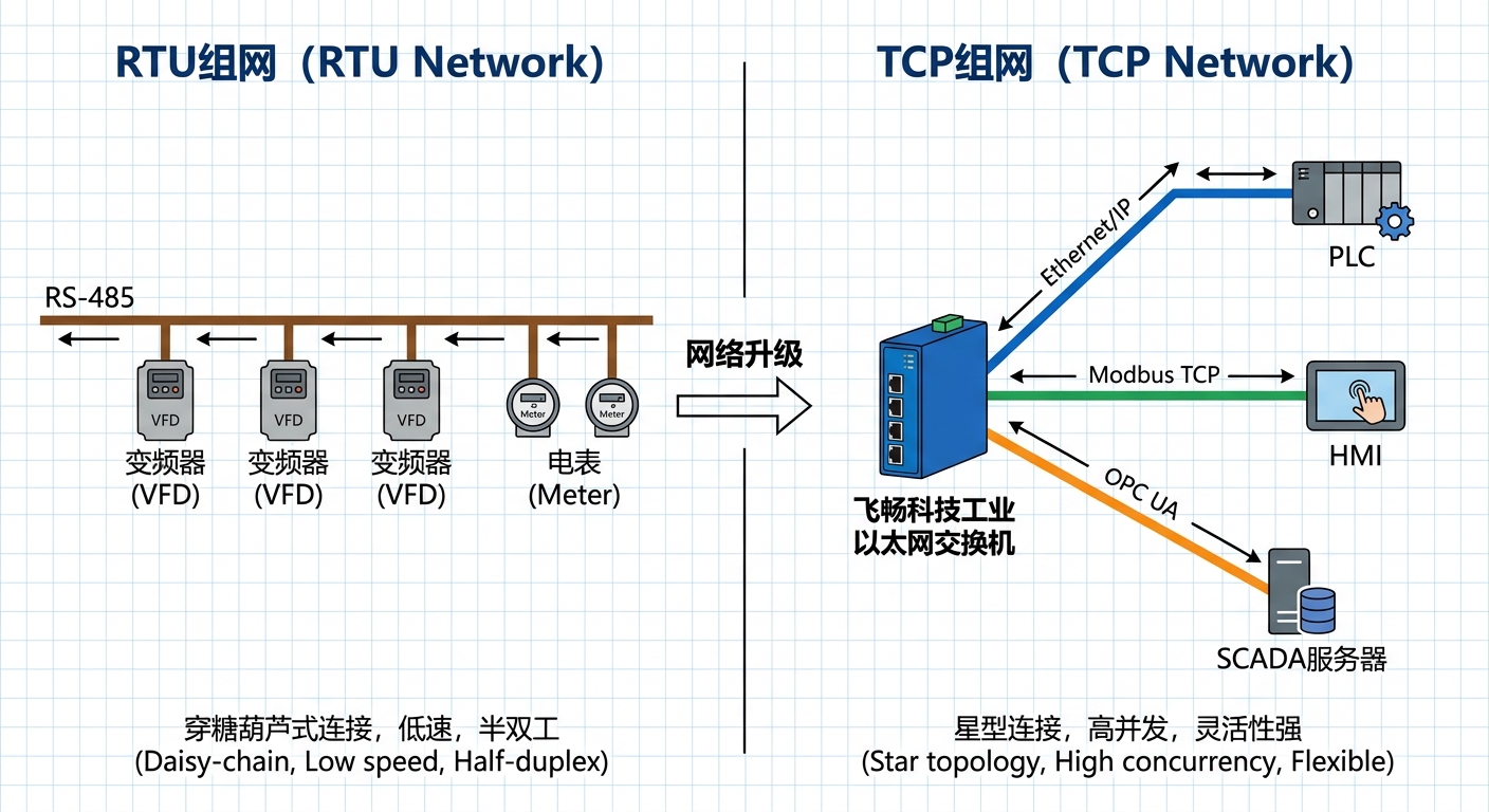Modbus TCP vs Modbus RTU 核心對比指南